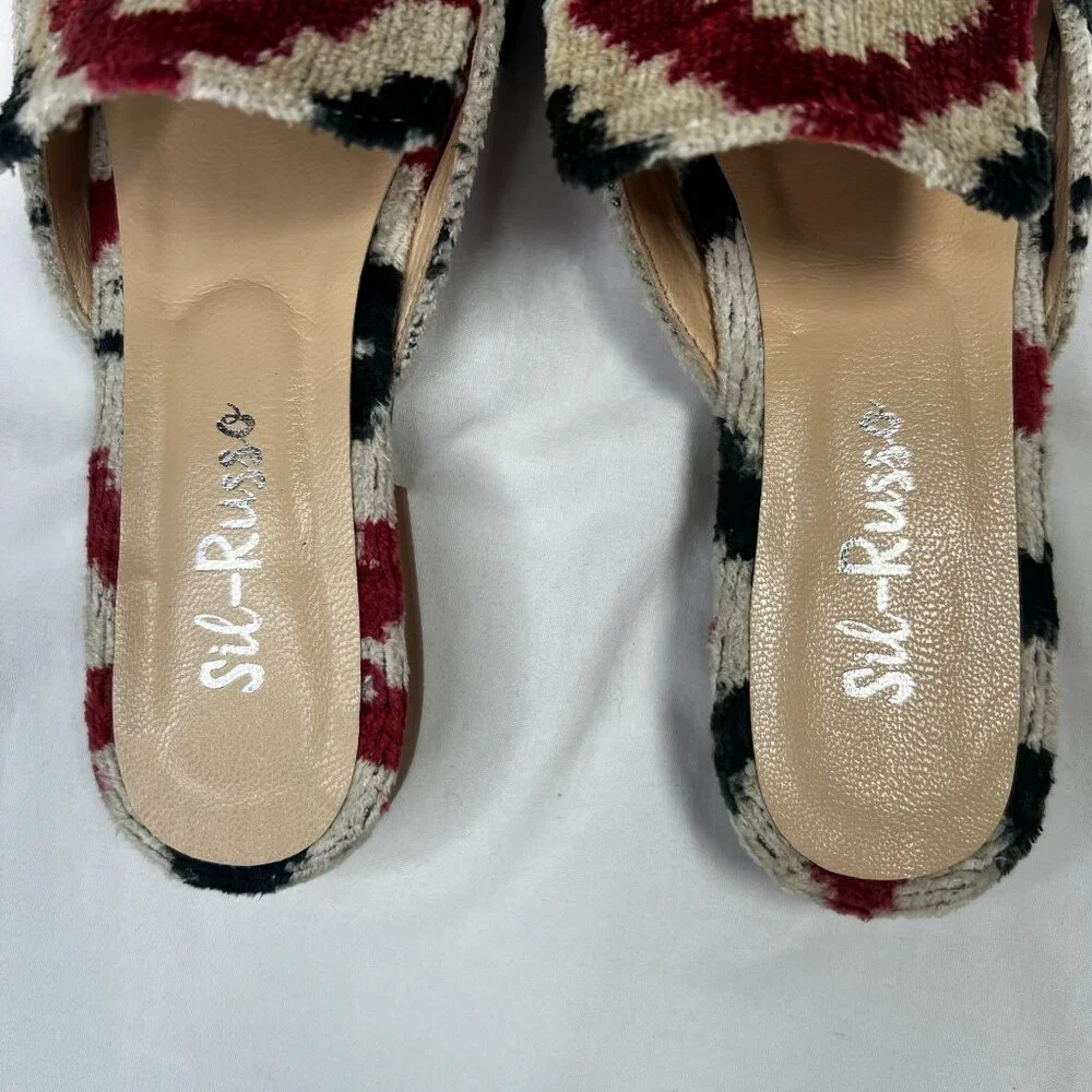 Sil-Russo Ikat Tapestry Mules Flats Slides Geometric Ivory Red Black 38 US 7-7.5 - Picture 3 of 10
